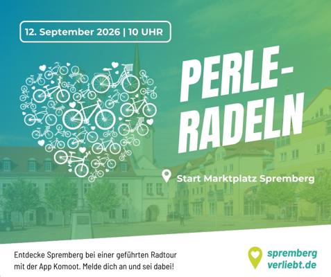 Plakat zur Perleradeln am 12. September 2026 um 10 Uhr mit Herz aus Fahrrad-Icons und Start am Marktplatz Spremberg.