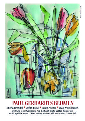 Bunte Blumenzeichnung mit rosa, gelben und grünen Blüten, feinen schwarzen Linien und dem Titel PAUL GERHARDTS BLUMEN.