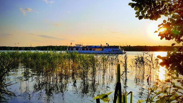 Ein Fahrgastschiff fährt bei tief stehender Sonne über einen See, während Schilf und Ufer im warmen Licht liegen.
