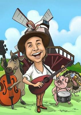 Ein lachender Mann spielt Mandoline vor einer Windmühle, während Kuh und Schwein als Musiker danebenstehen.