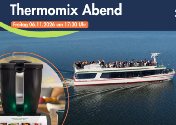 Auf dem Motiv stehen „Thermomix Abend“ und der Termin Freitag 06.11.2026 um 17:30 Uhr, daneben ein Schiff auf dem See.