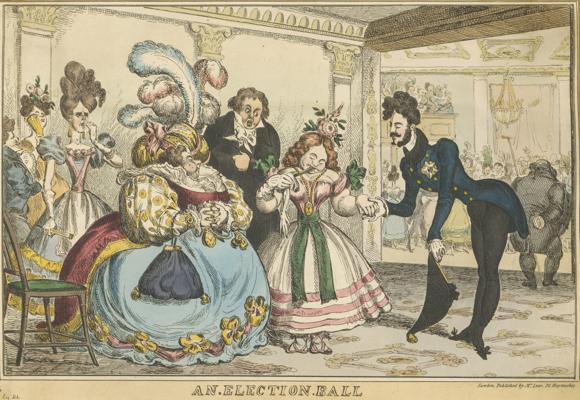 Satirische Szene bei einem Wahlball mit elegant gekleideten Paaren, einem Mann mit Zylinder und dem Titel „AN ELECTION BALL“.