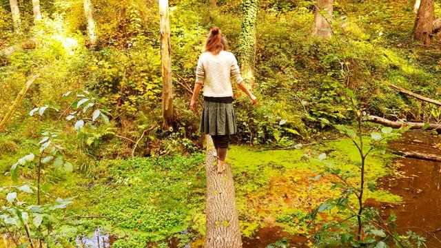 Eine Frau geht balancierend über einen Baumstamm durch einen grünen Wald neben einem ruhigen Bach mit dichtem Unterwuchs.