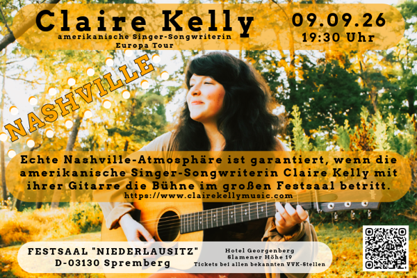 Eine Sängerin mit dunklem Haar spielt Gitarre vor herbstlichen Bäumen; das Plakat nennt „Nashville“ und 09.09.26.