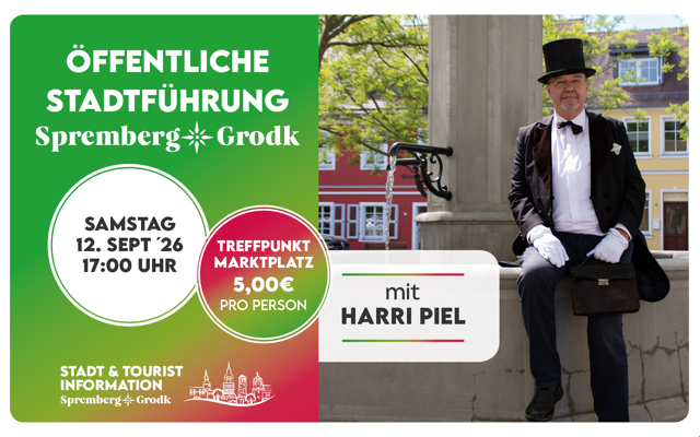 Öffentliche Stadtführung in Spremberg-Grodk am Samstag, 12. Sept. 26, 17 Uhr, Treffpunkt Marktplatz.