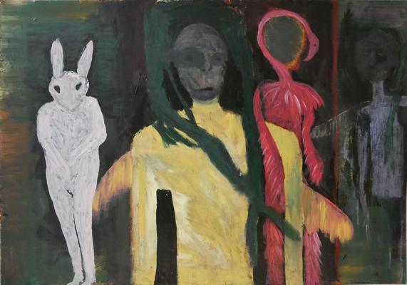 Vier stilisierte Figuren stehen vor dunklem Hintergrund, darunter ein weißer Hase, eine gelbe und eine rote Gestalt.