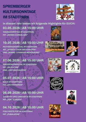Das Plakat zum Spremberger Kultursonntag im Stadtpark zeigt Termine 2026 mit Live-Musik und Die Maynards.