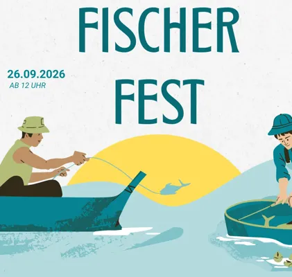 Plakat zum Fischerfest 2026 mit zwei Anglern in Booten, großem Sonnenmotiv und dem Termin 26.09.2026 ab 12 Uhr.