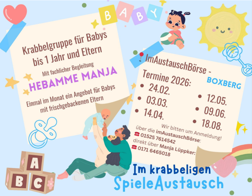 Bunte Veranstaltungsgrafik zur Krabbelgruppe für Babys bis 1 Jahr mit Austauschbörse in Boxberg und mehreren Terminen 2026.