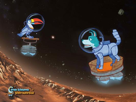 Zwei hundeartige Astronauten schweben vor einer roten Marslandschaft, unten steht „Captain Schnuppes Weltraumreise“.