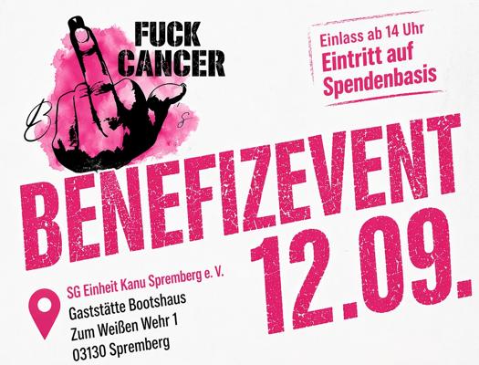 Plakat mit pinkem Schriftzug „Benefizevent“, dem Datum 12.09. und dem Hinweis „Einlass ab 14 Uhr, Eintritt auf Spendenbasis“.