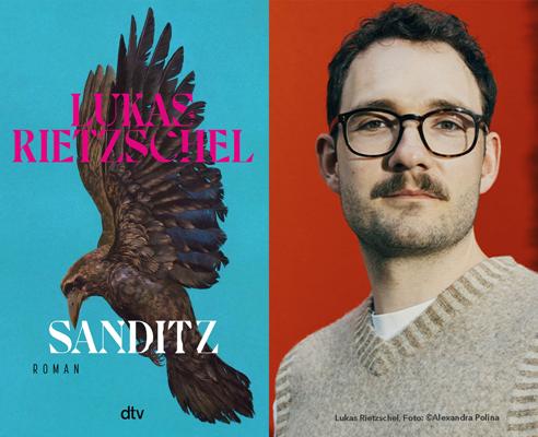 Links steht das Buchcover mit dem Titel „Sanditz“, rechts ein Porträt eines Mannes mit Brille vor rotem Hintergrund.