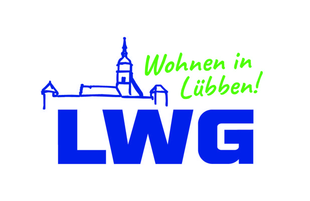 Das blaue LWG-Logo mit grünem Schriftzug „Wohnen in Lübben!“ zeigt die Lübbener Wohnungsbaugenossenschaft klar auf weißem Hintergrund.