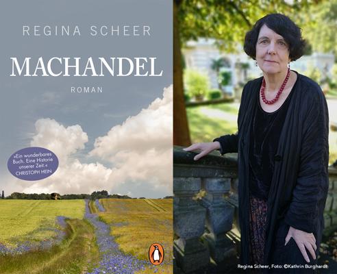 Links ist das Buchcover von „Machandel“ mit Feldweg und Wolken zu sehen, rechts ein Porträt einer Frau im Garten.