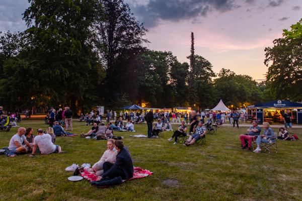 Beim Sommerkino des Fördervereins Ostdeutscher Rosengarten Forst 1913 e.V. sitzen viele Besucher im Rosengarten Forst auf der Wiese und genießen den Abend.
