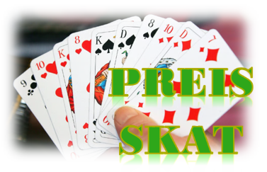 Zu sehen ist eine Hand mit gefächerten Spielkarten, darüber steht in großen grünen Buchstaben PREISSKAT für die Einladung zum Kartenspiel.