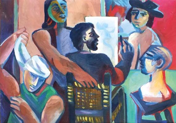 Bunte, figurative Malerei aus der Ausstellung „Querbeet“ von Erika Stürmer Alex zeigt mehrere stilisierte Personen in lebendigen Farben und Formen.