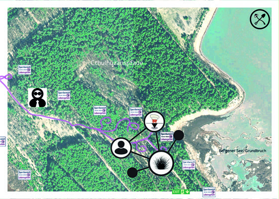 Auf der Karte des Lausitzer Seenlands sind vier Stationen des Ritual-Parcours in der Oberlausitz markiert, mit Route am Tagebau Spreetal und Bergen.