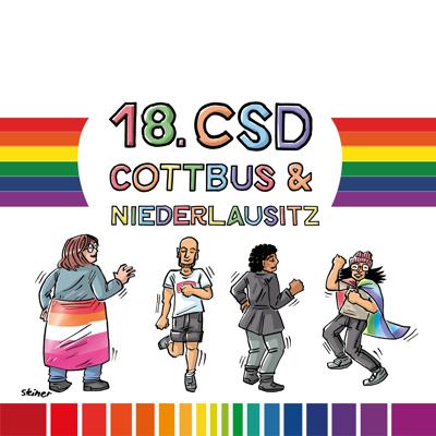 Zu sehen sind das Logo zum 18. CSD Cottbus & Niederlausitz mit Regenbogenstreifen und tanzenden Figuren in verschiedenen Styles auf weißem Hintergrund.
