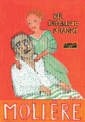 Molière und „Der eingebildete Kranke“ erscheinen auf einem roten Theaterplakat mit einer sitzenden Figur in grüner Kleidung und goldener Schrift.