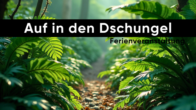 Der Schriftzug „Auf in den Dschungel“ steht über einem grünen Blättertunnel mit Waldweg und dem Wort „Ferienveranstaltung“.