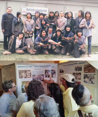 Bei der Sonderausstellung zur Geschichte vietnamesischer Beschäftigter im Chemiefaserwerk Guben betrachten Besucher historische Tafeln und Fotos.