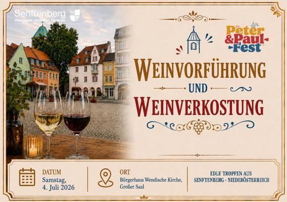Das Peter-und-Paul-Fest 2026 in Cottbus kündigt eine Weinverkostung mit Weinen aus Senftenberg in Niederösterreich und Musik im Bürgerhaus an.