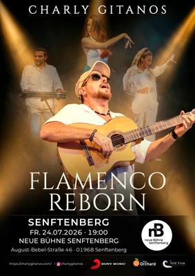 Das Plakat zeigt einen Gitarristen vor tanzenden Figuren, dazu Flamenco Reborn und Terminangaben in Senftenberg.