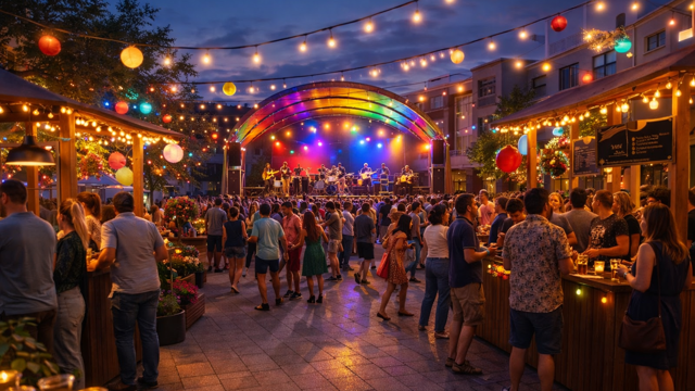 Beim Peter und Paul-Fest in Cottbus/Chóśebuz feiert eine große Menge vor einer bunt beleuchteten Bühne; Barry Moore spielt dazu Livemusik am Abend.