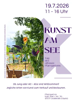 Plakat zu „Kunst am See 2026“ mit Datum 19.7.2026, bunten Pflanzen, Gartenkunst und Hinweis auf den Tag des offenen Pfarrgartens am Werlsee.