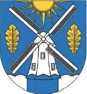 Ein blaues Wappen mit einer weißen Mühle, goldener Sonne, zwei Ähren und Wasser am unteren Rand.