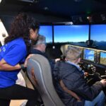 Mehrere Besucher sitzen und stehen an einem Flugsimulator-Cockpit mit großen Bildschirmen und Steuerknüppel.