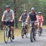 Beim Spreekonzert Cottbus fahren mehrere Radlerinnen und Radler auf einem Waldweg entlang der Spree zu einem Kulturprogramm im grünen Umland.