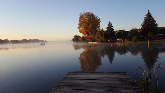Ein stiller See liegt im Morgenlicht, ein Holzsteg ragt ins Wasser, und herbstliche Bäume spiegeln sich im Nebel.