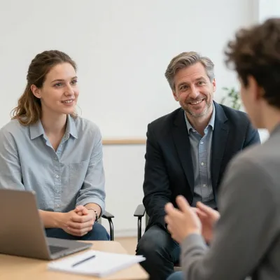 Zwei Mitarbeitende sprechen in einem hellen Raum mit einer Person, während Laptop und Unterlagen auf dem Tisch liegen.