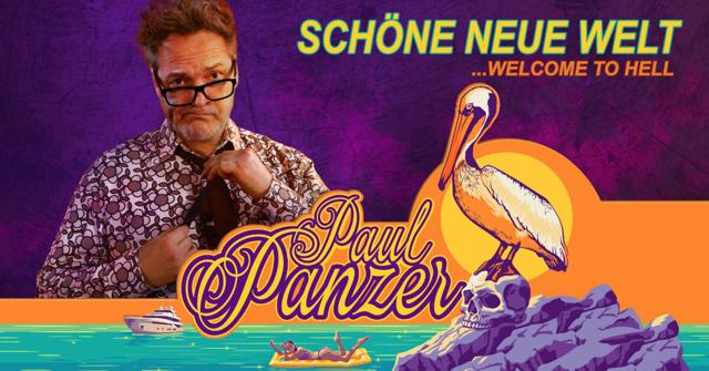 Ein Mann mit Brille richtet seine Krawatte zurecht, daneben stehen der Schriftzug „Schöne neue Welt“ und ein Pelikan.