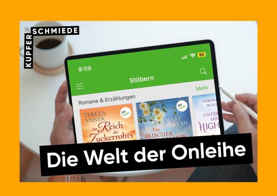 Ein Tablet zeigt die Onleihe mit der Rubrik „Stöbern“ und Buchcovern; daneben hält eine Hand einen Stift.