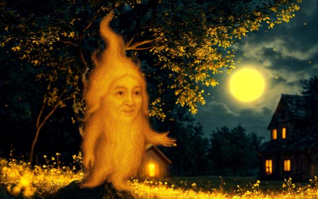 Ein leuchtendes Irrlicht mit langem Flammenhaar schwebt am Waldrand; daneben stehen dunkle Häuser im Mondschein.