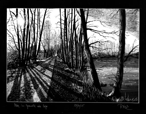 Eine schwarz-weiße Schabkartonzeichnung zeigt einen Waldweg mit langen Schatten, kahlen Bäumen und einem Ufer am Wasser.