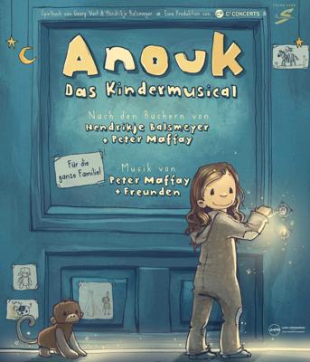 Das Plakat zeigt den Titel „ANOUK – Das Kindermusical“ über einem leuchtenden Mädchen mit Taschenlampe und kleinem Hund.